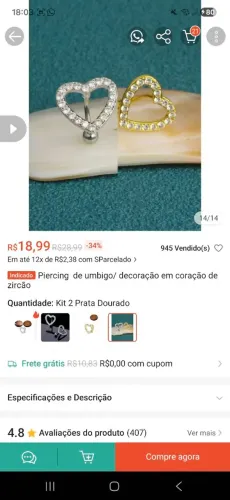 Piercing  de umbigo/ decoração em coração de zircão