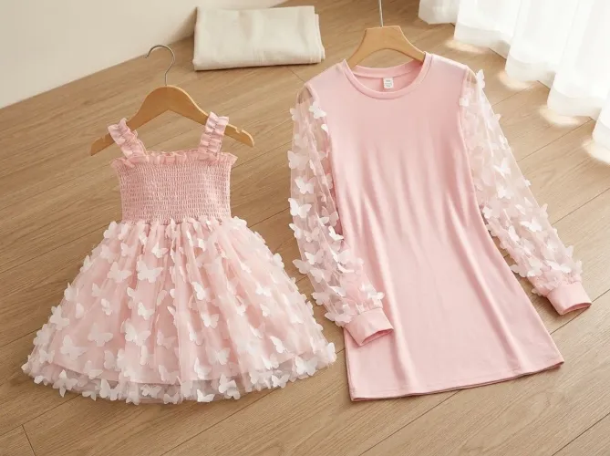 Lindos vestidos Mãe e Filha - Vestidos Rosa com Detalhes de Borboletas 3D!