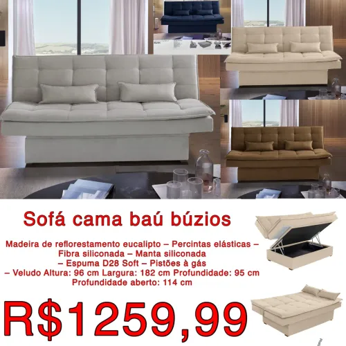 Sofá cama Búzios Veludo com baú / 4 cores / frete grátis / pague na entrega 