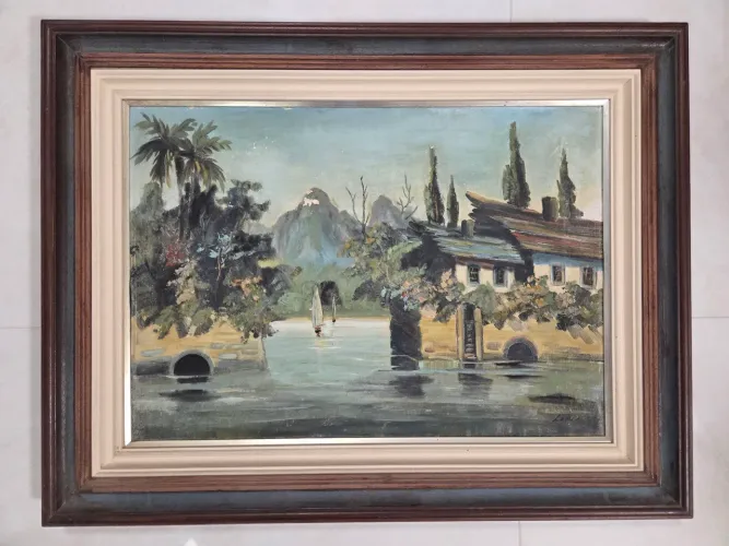 Quadro pintura sobre tela a óleo em moldura de madeira