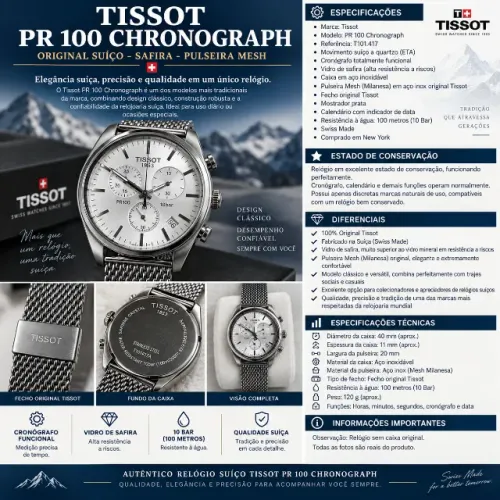 Relógio Tissot PR 100 Chronograph Original Suíço - Safira - Pulseira Mesh