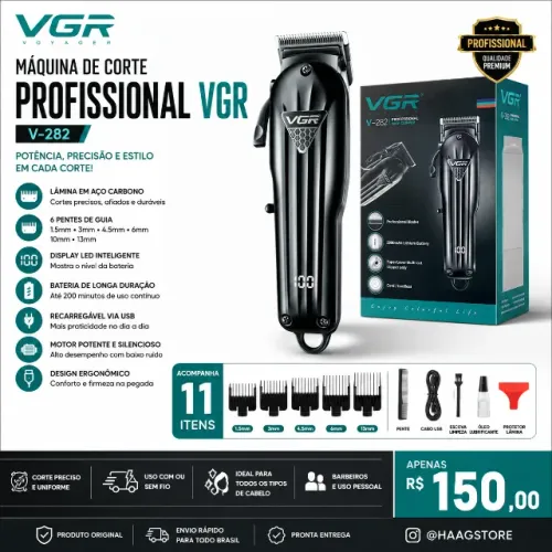 Máquina de Corte VGR Profissional Sem Fio Display LED+6 Pentes|Barbeiro/Uso Doméstico