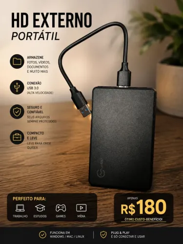 HD Externo 1TB (1000GB) USB 3.0 - R$ 180,00
