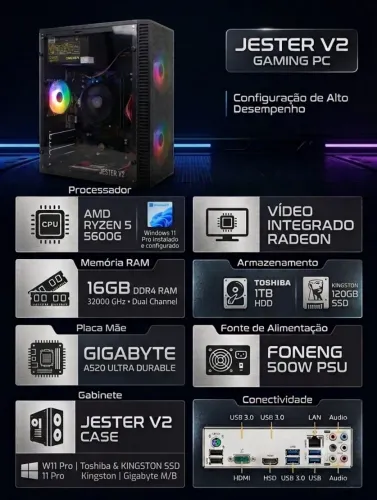 Computador gamer Ryzen 5 5600G (vídeo integrado vega 7) 16gb ram ssd + HD 1TB - R$2.500,00