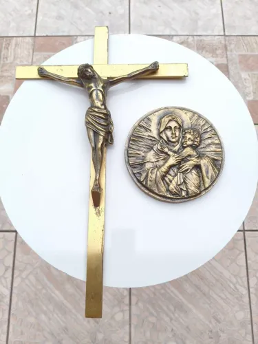 Cruz Cristo e Mãe Rainha de bronze parede artigo religioso