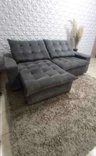 Sofá Retrátil e Reclinável 2,90m Cinza Suede Com Pillow Top