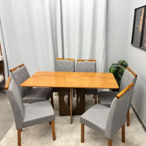 Mesa de Jantar Madrid Dubai 160x80cm Sem Vidro e 6 Cadeiras California em Linho Estofadas