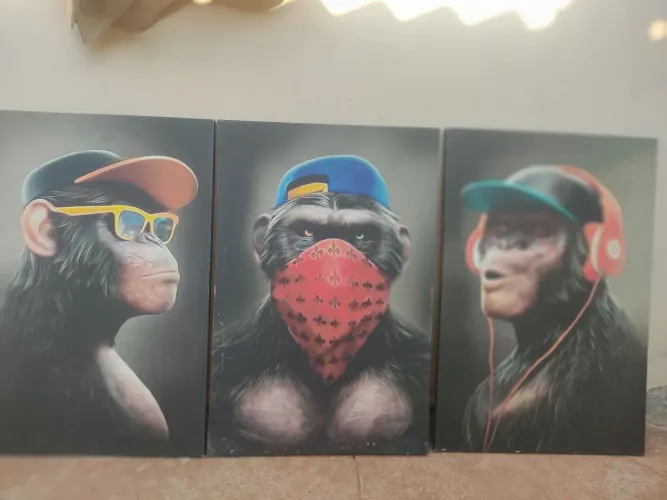 Kit 3 Quadros Decorativos Modernos Macacos Street Art - 90x60 cm