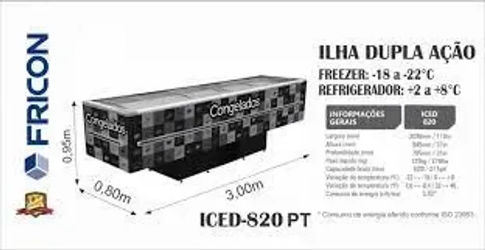 ilha - freezer 3,00m - iced 820 - com 2 anos de garantia - marca fricon 820 LITROS