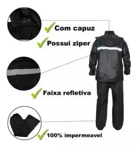 capa de chuva motoqueiro preta capuz impermeável refletivo no=620 so-133