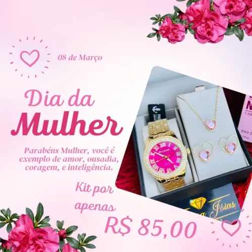 Kit feminino relógio e cinjunto folheado dia da mulher