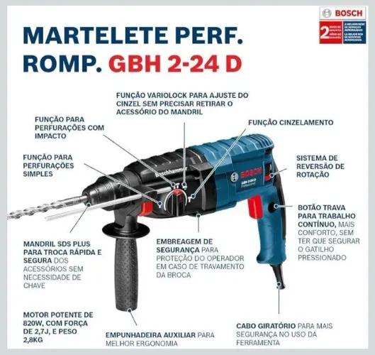 Bosch Martelete Perfurador Rompedor GBH 2-24D 820W 127V com maleta