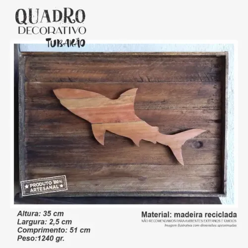 Quadro Silhueta de tubarão em madeira reciclada