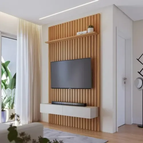 Painel para Tv Ripado Ambiente Niágara 1412 mm com Nicho Freijó Off White- Colibri