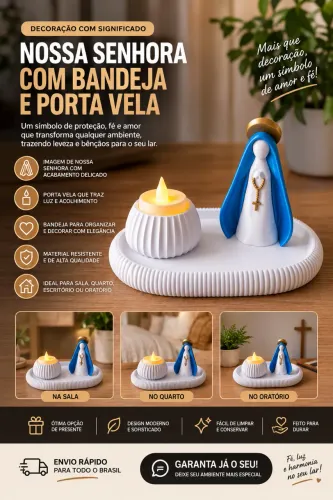Kit Nossa Senhora Aparecida 3D com Bandeja e Porta-Vela | Decoração Religiosa