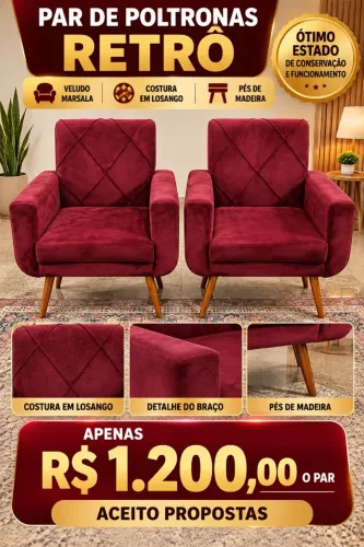 Par de Poltronas Retrô Veludo Marsala