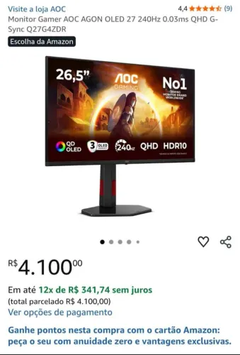 NOVO!! Monitor Gamer AOC AGON 27" OLED QHD 240Hz, 0.03ms - Q27G4ZDR