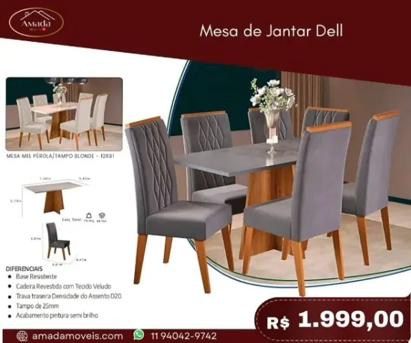 Mesa de Jantar Dell 6 cadeiras, a pronta entrega