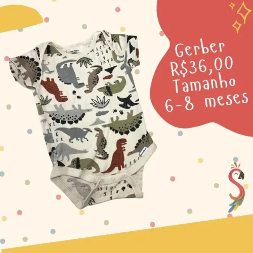 Body Manga Curta Dinos Gerber 6-8 meses