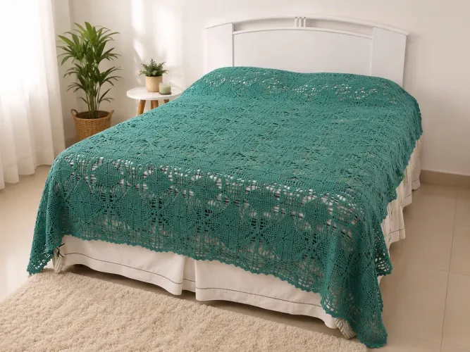 Colcha em crochê para cama casal turquesa