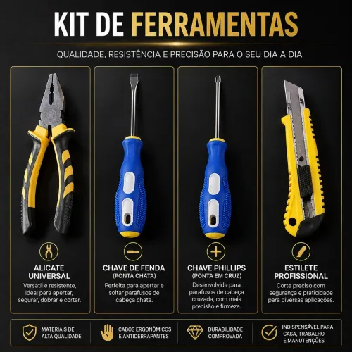 Kit 4 Ferramentas Novas - Alicate + Chaves + Estilete | Excelente Qualidade