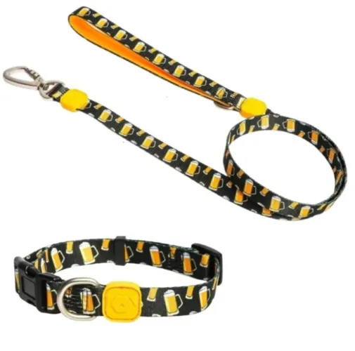 Kit Coleira e Guia Passeio Pet (Estampas Abacate ou Caneca de Chopp)
