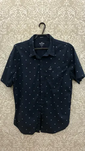 camisa de botão manga curta hollister azul marinho m