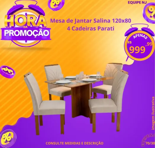 Mesa de jantar salina 120x80, 4 cadeiras Parati