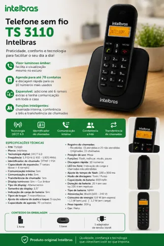 Telefone Sem Fio Intelbras TS 3110 DECT 6.0 com Identificador de Chamadas