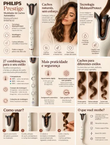 Modelador de Cachos Automático Philips Prestige MoistureProtect BHB878/30 Bivolt