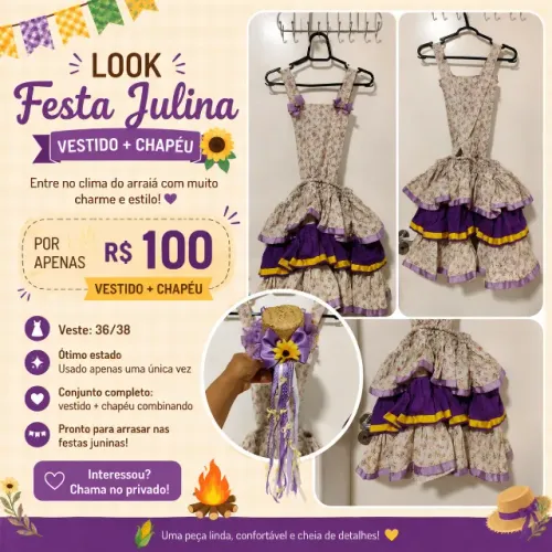 ? Vestido de Festa Julina + Chapéu - R$ 100 ? Entre no clima do arraiá com muito charme!