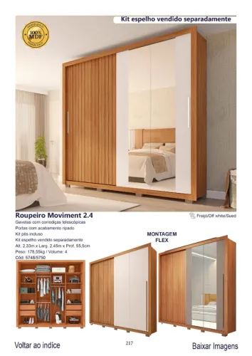 Roupeiro Moviment 2.40m 4 gavetas 100% mdf