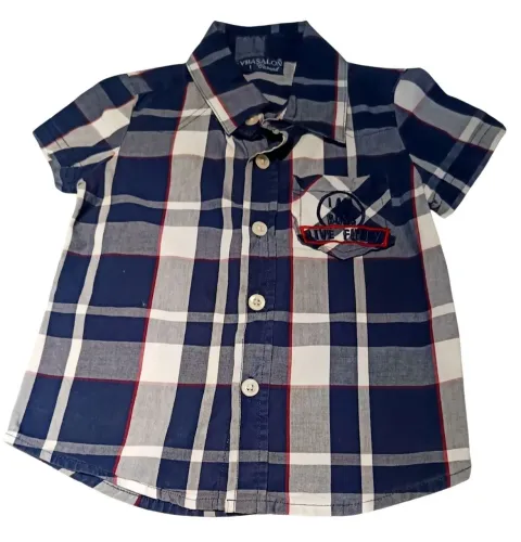 Camisa Xadrez Infantil Manga Curta Azul Marinho ? Tam. 1 Ano