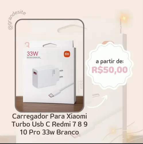 Carregador para xiaomi turbo USB c redmi 7,8,9 10 pro 33w branco 