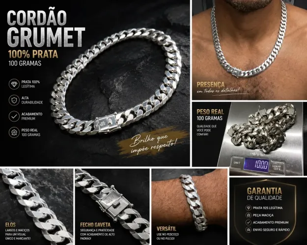 Corrente + Pulseira Grumet Prata 925 Maciça 100g