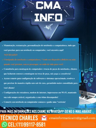 Técnico de Informática serviços, vendas de acessórios para pc, notebooks e celulares!