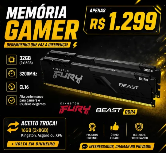 Memória ram 32gb 2x16 Kingston fury best 3200mhz CL16