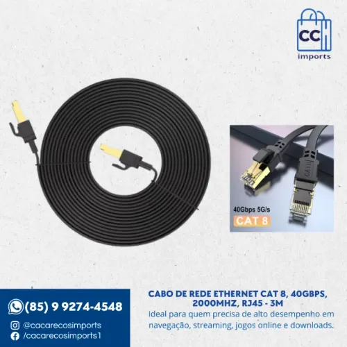 Cabo de Rede Ethernet Cat 8, 40Gbps, 2000MHz, RJ45 - 3m