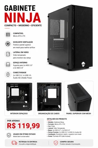 Gabinete Gamer Ninja Vidro Temperado + Frente Mesh