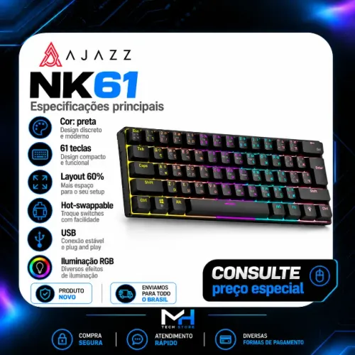Teclado Mecânico Gamer AJAZZ NK61 RGB 60% Hot Swap