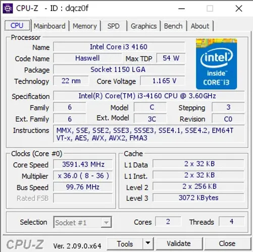 Intel Core i3-4160 ghz 3.60 2/4