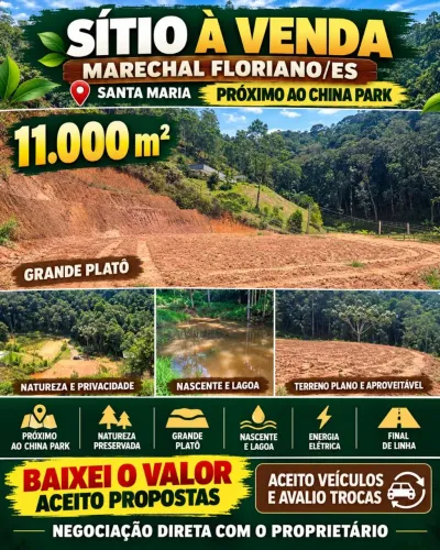 Sítio 11.000m² Marechal Floriano Próximo China Park Nascente Lagoa Platô Aceito Trocas
