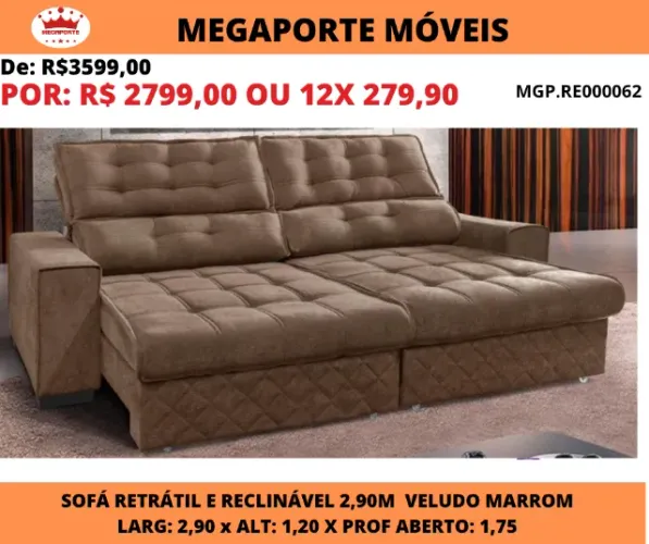 Estofado Spazzus Retrátil e Reclinável 2,90m Veludo