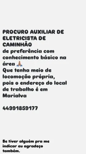 VAGA DE EMPREGO AUX DE ELETRICISTA DE CAMINHÃO COM OU SEM EXPERIÊNCIA