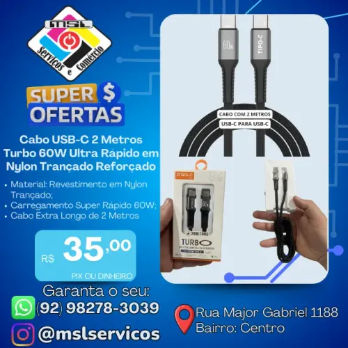 Cabo USB-C para USB-C Turbo 60W - 2 Metros | Nylon Trançado Reforçado | Ultra Rápido