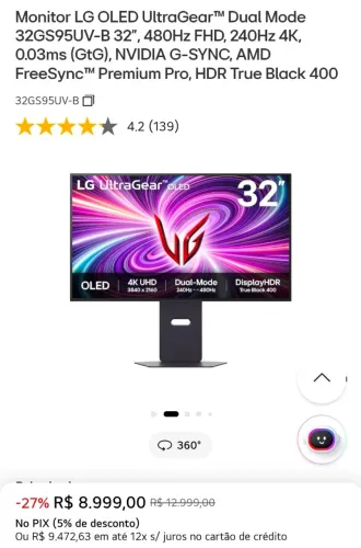 Monitor LG OLED UltraGear? Dual Mode 32GS95UV-B 32", 480Hz FHD, 240Hz 4K