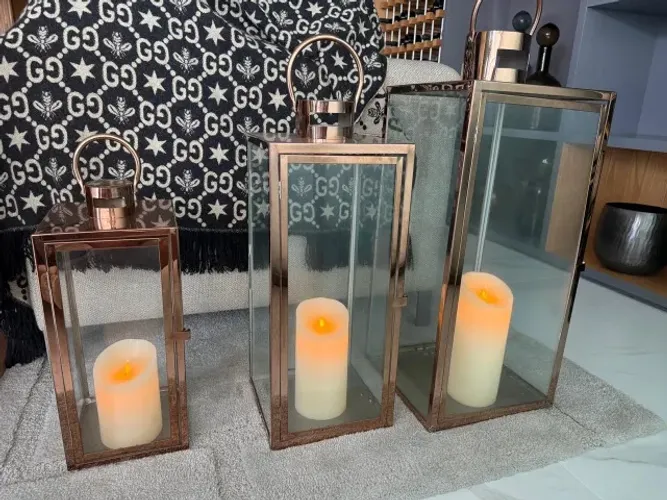 Conjunto 3 Lanternas Decorativas Balai em Metal Cobre com Velas LED
