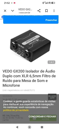 Isolador de Áudio Passivo Estéreo GX200 Vedo - Elimina Ruído e Zumbido