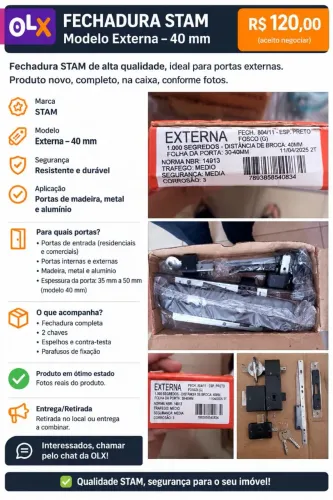 FECHADURA STAM EXTERNA 804/11 - 40MM - PRETO FOSCO