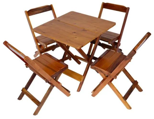 Jogo de mesa 70x70 com 4 cadeiras dobraveis de madeira